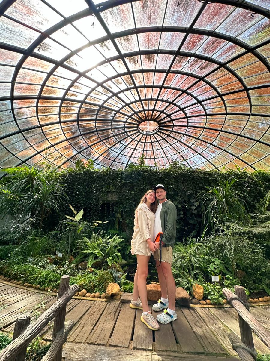 A couple under the spiral glass dome of a botanical garden greenhouse, surrounded by ferns and palms